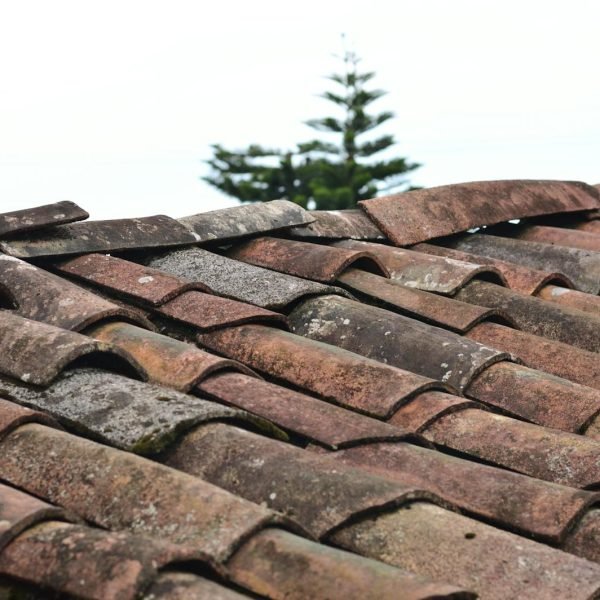 A close-up view of rustic, weathered clay roof shingles under a clear sky in Puebla, Mexico.